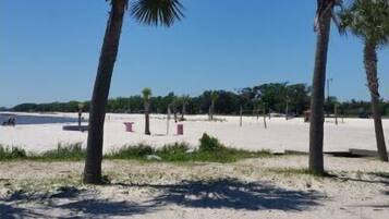 On the beach, sun loungers