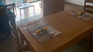 Un coin repas avec une table en bois, des chaises, un téléviseur et une vue sur le jardin à travers une porte-fenêtre coulissante.
