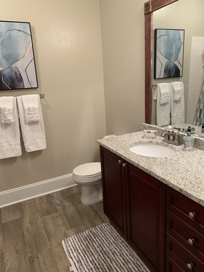 Bathroom features a granite countertop sink, a wooden vanity with drawers, and a bathtub.