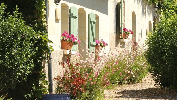 A building with a stone facade, green shutters, and flower boxes. - Luxury gites & B&B, near Saumur, in 18thC former wine estate, heated pool  (Les Bois D'anjou, Pays De La Loire)