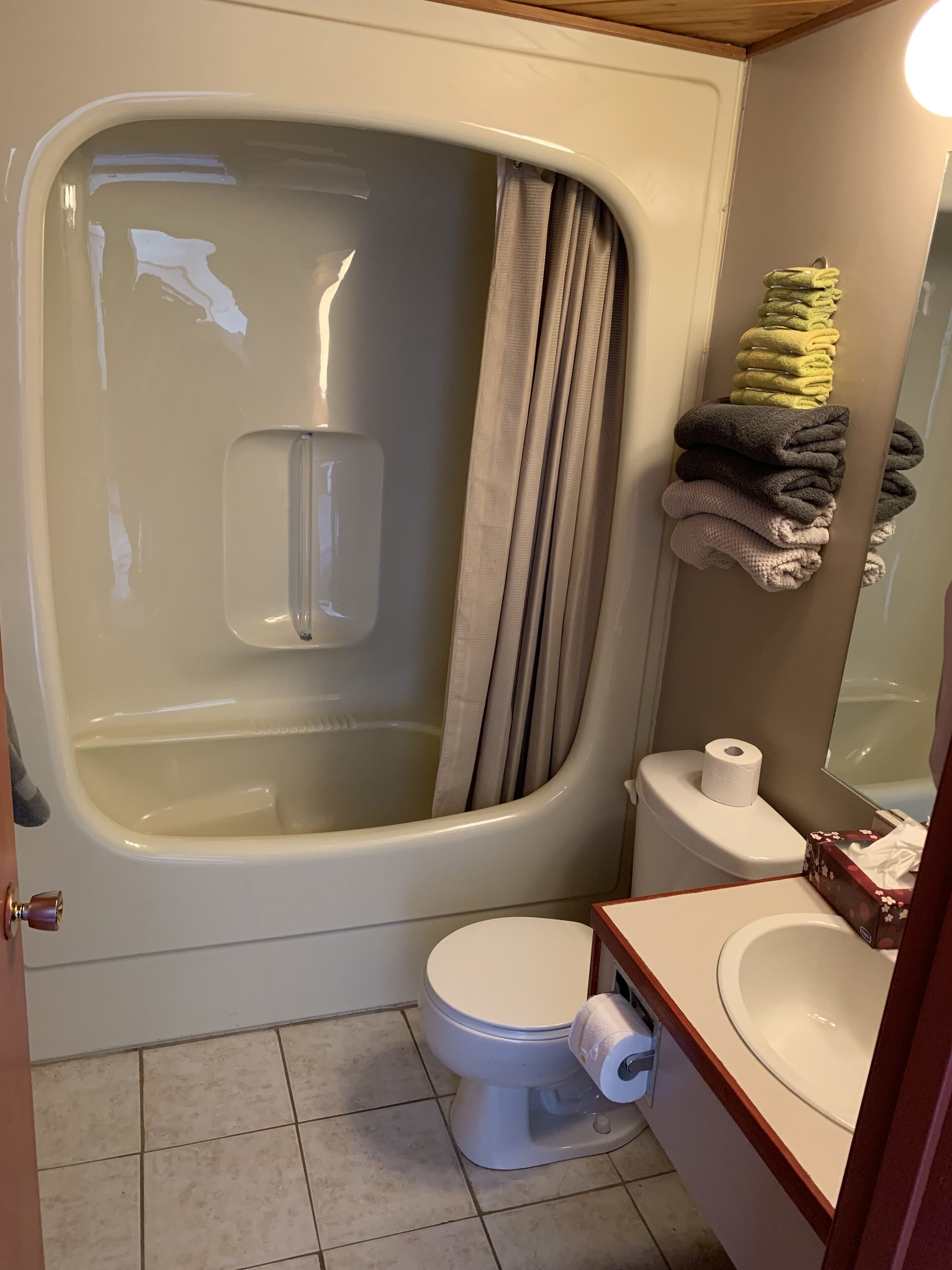 Combined shower/tub, rainfall showerhead, free toiletries, hair dryer