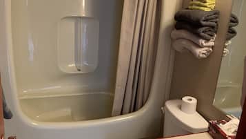 Combined shower/tub, rainfall showerhead, free toiletries, hair dryer