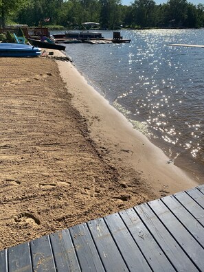 On the beach, sun loungers