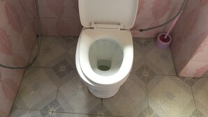 A white toilet with a closed lid in a bathroom with pink tiled walls and a tiled floor.