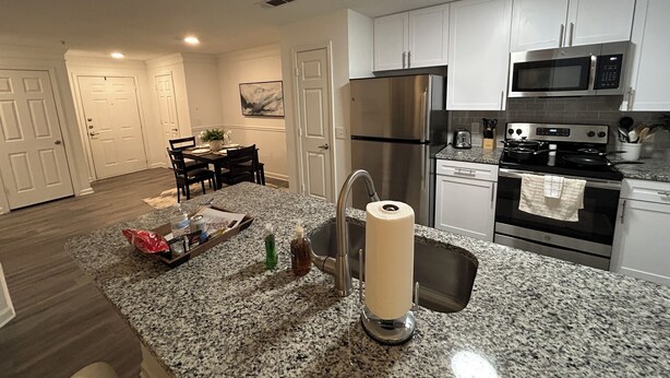 A modern kitchen with white cabinets, stainless steel appliances, and a granite countertop. - Fabulous Fully-Furnished Apartment in Alpharetta (Alpharetta)
