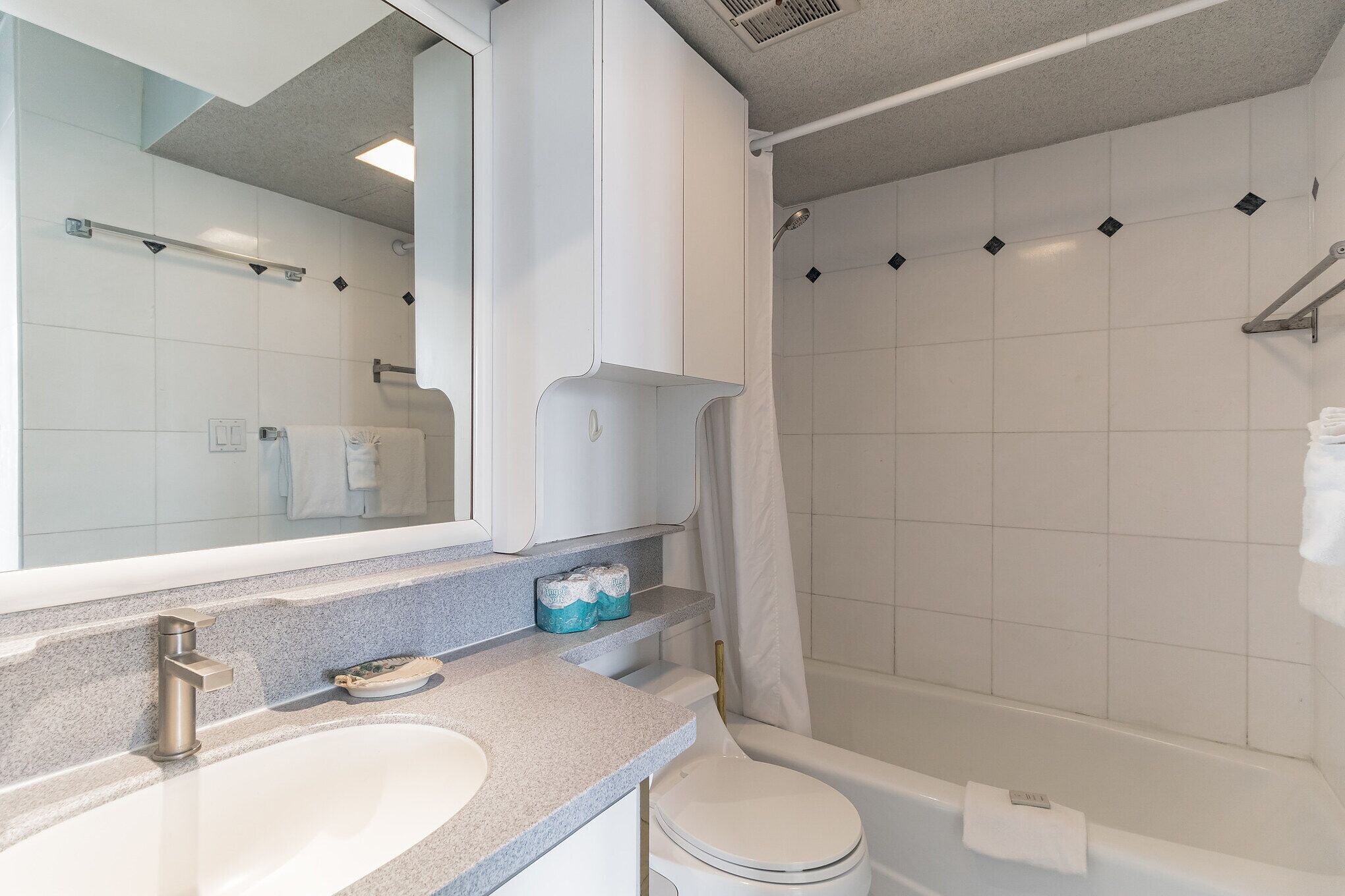 Combined shower/tub, hair dryer, towels