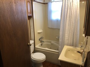 Combined shower/tub, hair dryer, towels, toilet paper