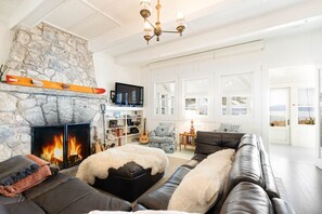 TV, fireplace, table football