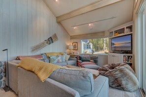 TV, fireplace, table football