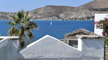 A coastal view with a white building, a palm tree, and a sailboat on the water.