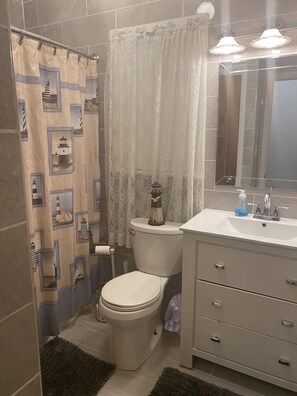 Combined shower/tub, hair dryer, towels, soap