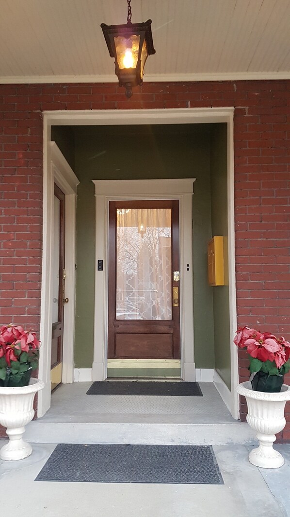 A front entrance with a wooden door, a green wall, a brick exterior, and two potted plants with red flowers.