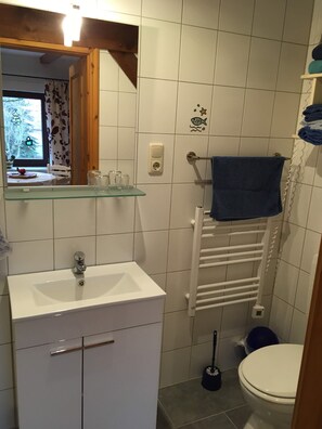 Dusche, Haartrockner, Handtücher, Seife