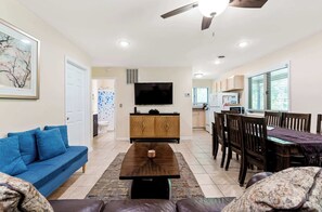 TV, DVD player, books, stereo