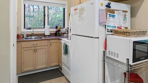 A compact kitchen with wooden cabinets, a white refrigerator, a sink, and a window with a view of trees. - Dog-Friendly Cottage with Hot Tub (Pullman)