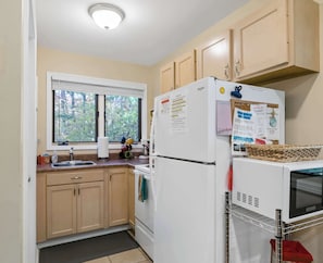 A compact kitchen with wooden cabinets, a white refrigerator, a sink, and a window with a view of trees. - Dog-Friendly Cottage with Hot Tub (Pullman)