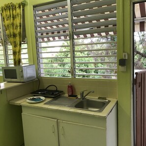 Kühlschrank, Mikrowelle, Herdplatte, Kochgeschirr/Geschirr/Besteck