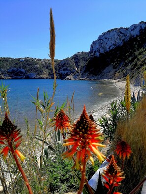 A coastal landscape with a clear blue sea, rocky cliffs, and vegetation in the foreground. - Villa Boho Ibiza Style (Jávea)