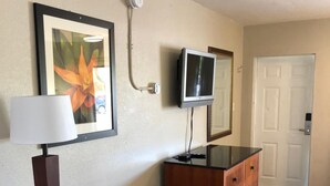 A room with a framed picture, a television, a lamp, a dresser, and a chair. - Ocala Cove Motel (Ocala)