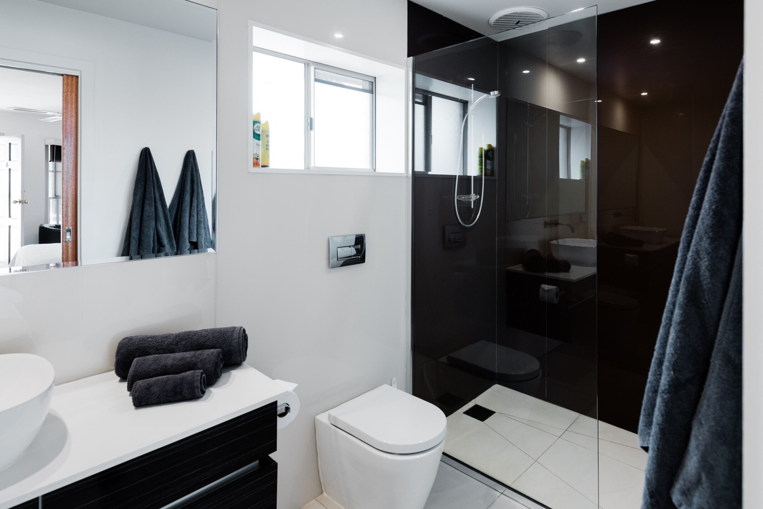 Une salle de bain moderne avec un lavabo blanc, des serviettes sombres, une douche en verre et des toilettes.