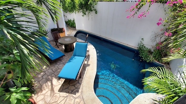 A small, private pool area with two blue lounge chairs, a small round table, and a variety of plants and flowers around the perimeter. - Spacious modern apartment Golden Zone 2F (Bucerias)