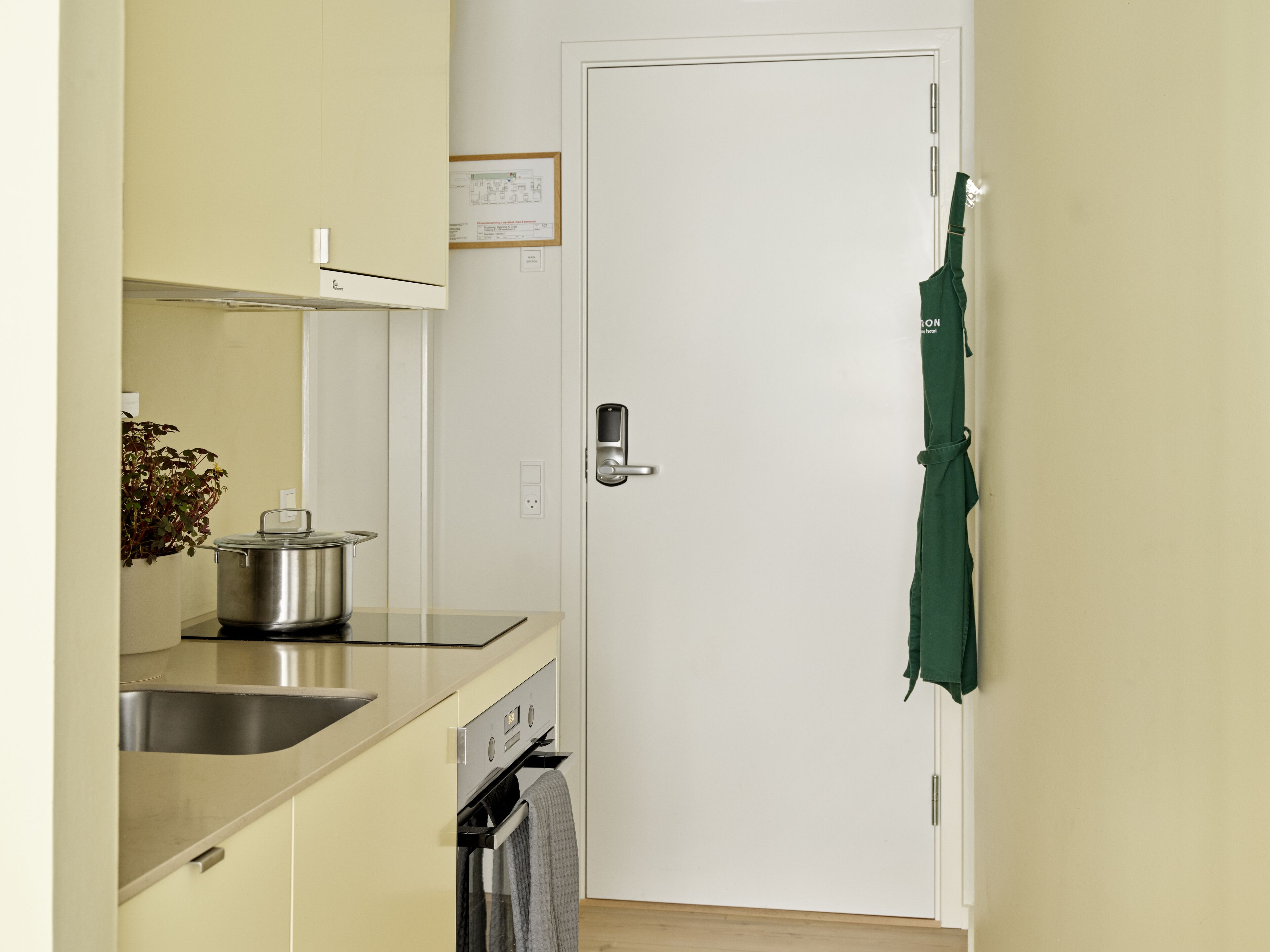 Cocina pequeña con pileta, hornalla y una toalla verde colgada en la pared.