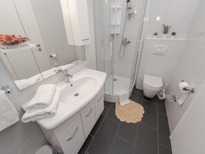 Douche, séchoir à cheveux, serviettes fournies