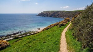 Un sentier côtier offrant une vue dégagée sur la mer et longeant une colline verdoyante.