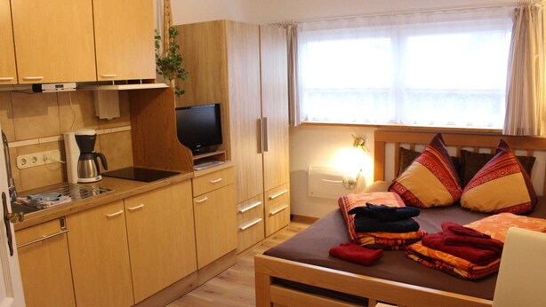 Une chambre de taille modeste, équipée d’un lit, d’une télévision, d’un petit coin cuisine et d’une fenêtre avec des rideaux.