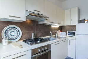 Fridge, microwave, toaster, cookware/dishes/utensils