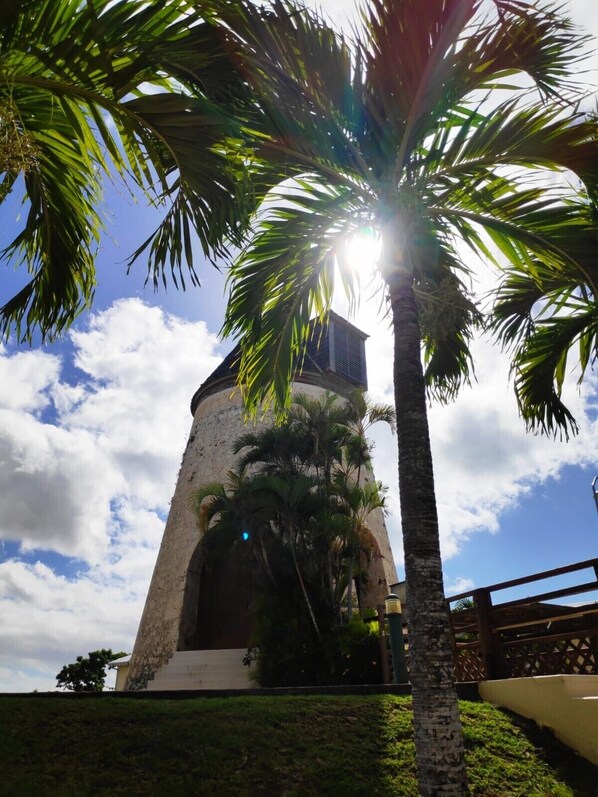 A tall, cylindrical tower with a dark roof, surrounded by palm trees and a clear sky.