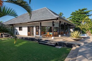A modern house with a covered patio, a lawn, and a large plant in the foreground.