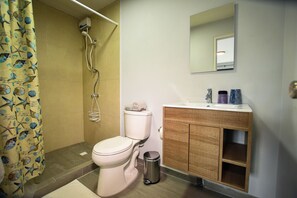 Un baño con inodoro, ducha y lavabo.
