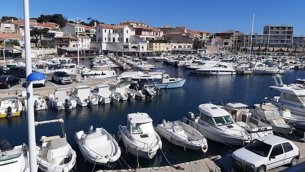 A marina with numerous boats docked, a clear sky, and buildings in the background.