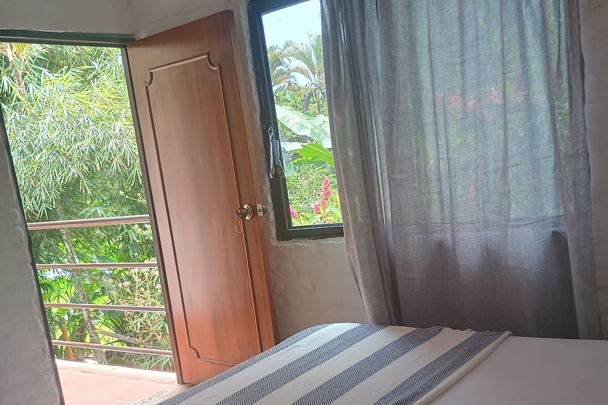 A bedroom with a bed, a window with curtains, a door, and a view of greenery outside.
