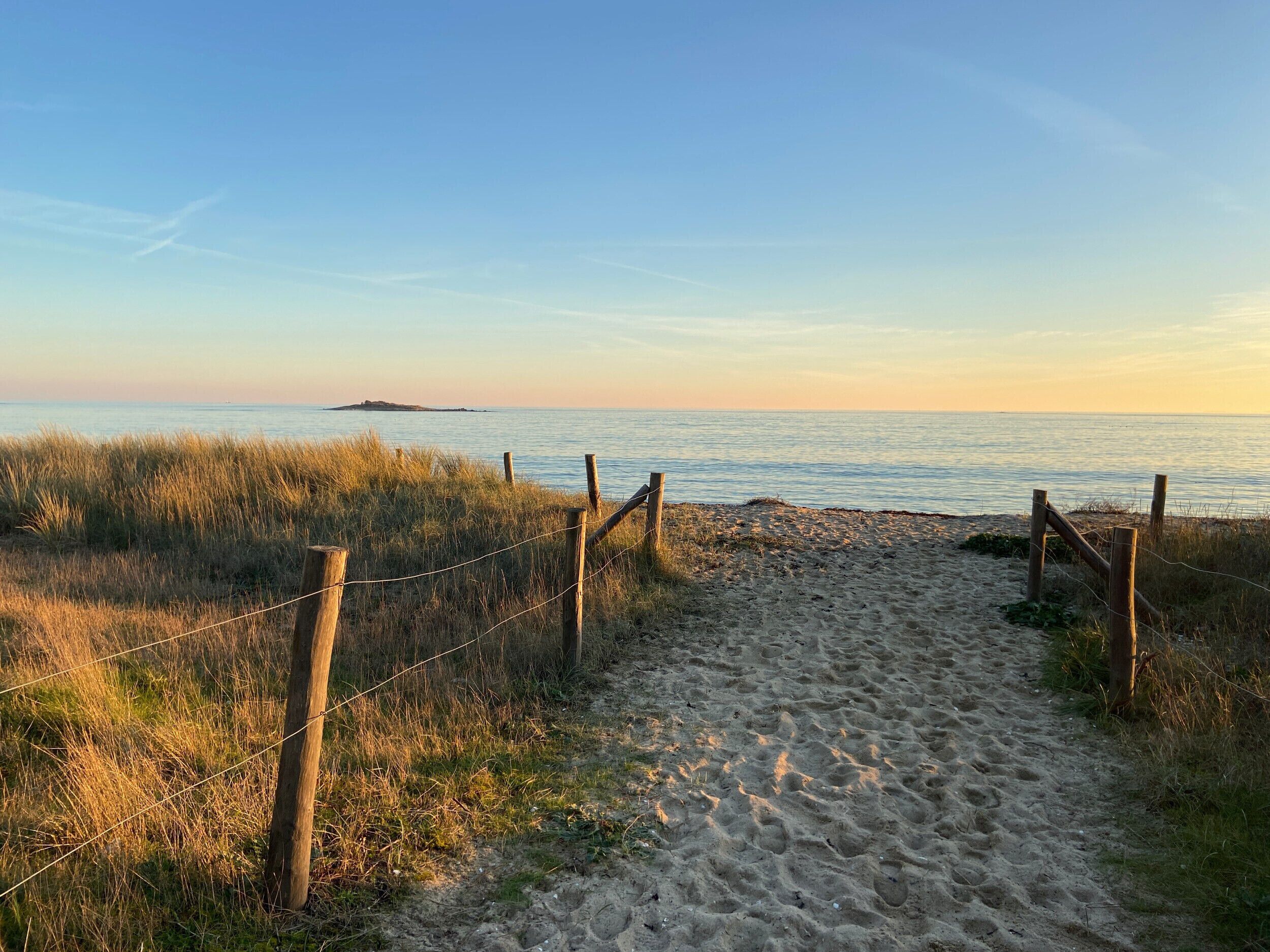 Een zandpad langs het strand dat naar de zee leidt, met een houten hek en gras aan beide kanten.