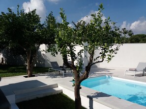 Un área de piscina exterior moderna con una piscina azul cristalina, dos sillones de descanso y un pequeño árbol.
