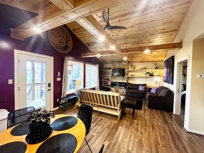 TV connectée, cheminée, lecteur de DVD, livres