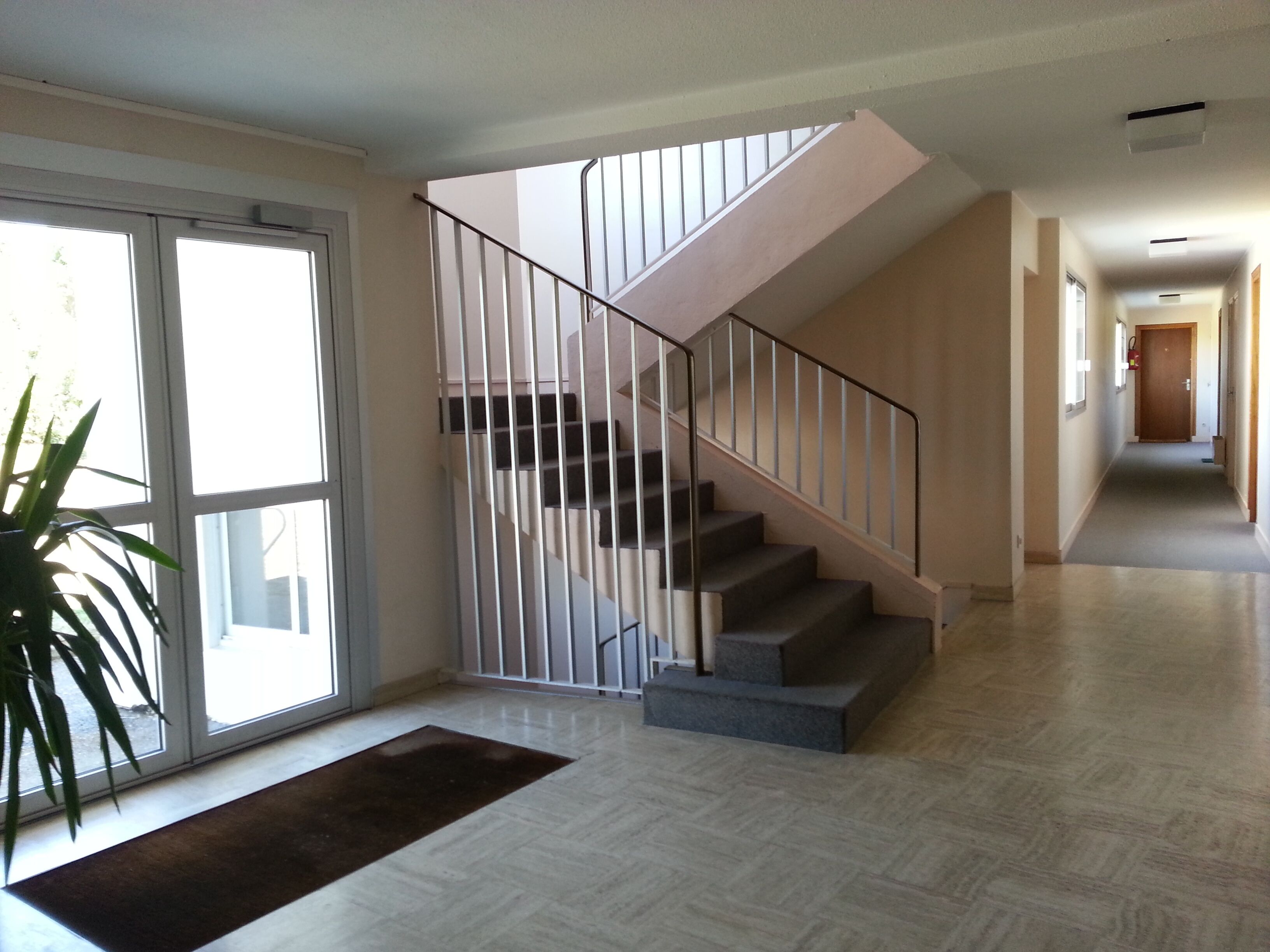 A staircase with a metal railing, a potted plant, and a doormat in a hallway with a light-colored floor.