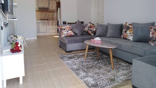 A modern living room with a grey sofa, a coffee table, and a patterned rug.