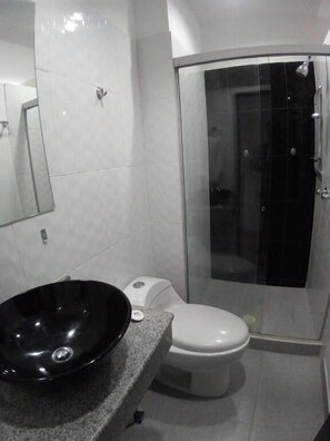 Shower, towels, soap, shampoo