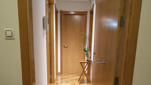 A hotel hallway with wooden flooring, a welcome mat, and a plant on a table. - Anjelus apartment in Mutriku (Mutriku)