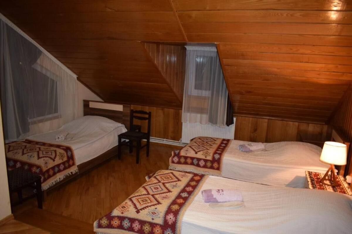 A small, cozy attic bedroom with wooden walls and sloped ceilings. There are two beds with patterned bedspreads and a small chair.