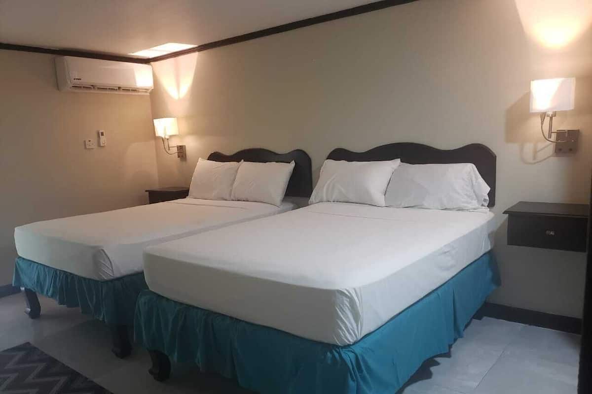 Two single beds with matching headboards and footboards, a bedside table, a wall-mounted air conditioner, and a wall-mounted lamp.