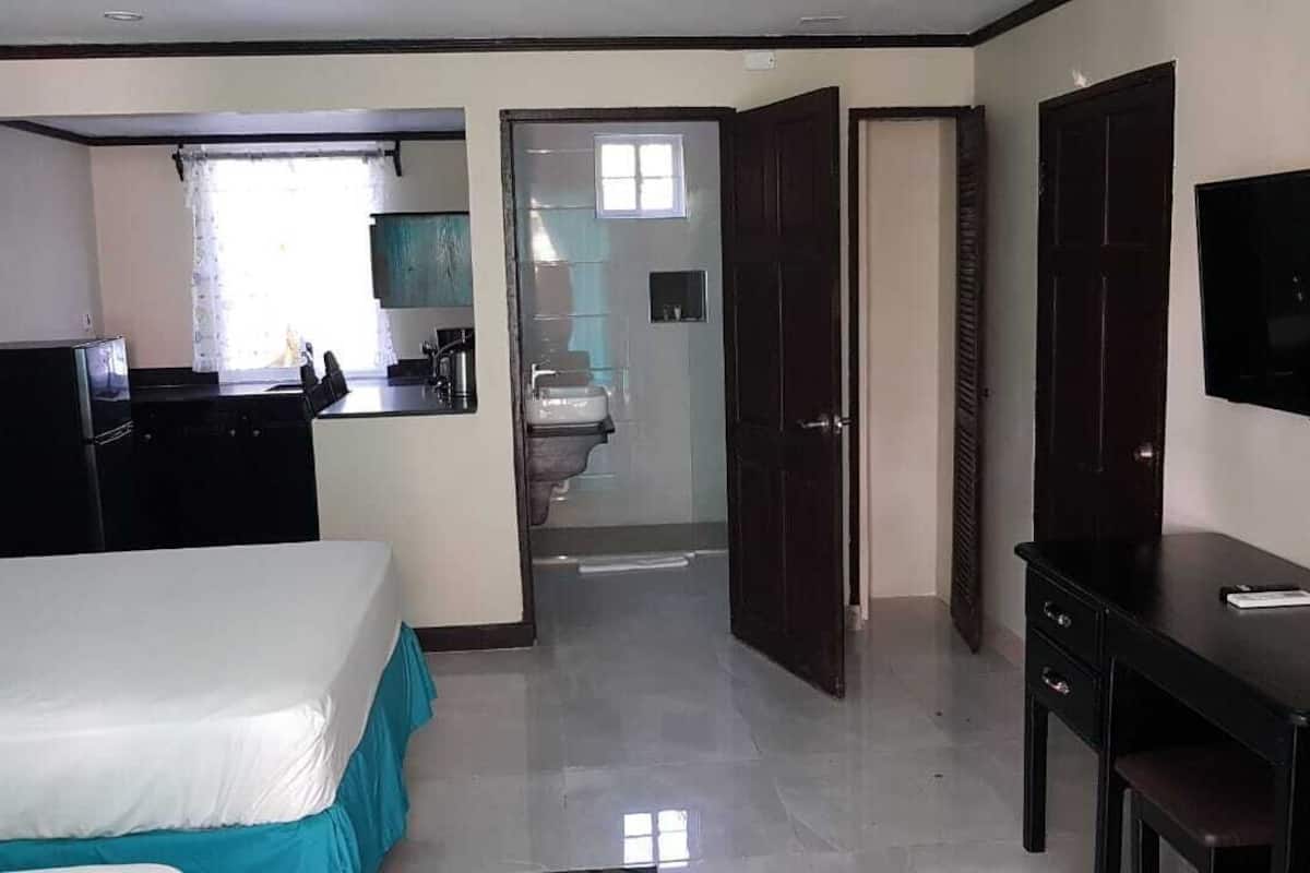 A hotel room with a bed, a desk, a TV, a kitchenette, and a bathroom visible through an open door.