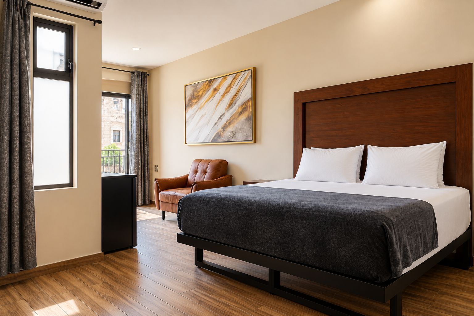 A hotel room with a large bed, a wooden headboard, a brown leather chair, a large window, and a marble artwork on the wall.