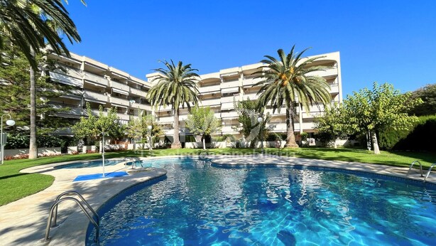 A swimming pool with clear blue water, surrounded by a well-maintained lawn and palm trees. - Regata green areas with swimming pools  (Cambrils)