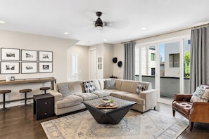 Smart TV, fireplace, books, video library
