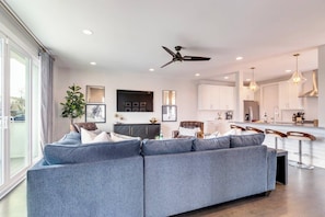 Smart TV, fireplace, books, video library