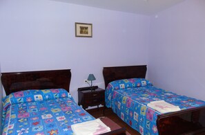 A room with two wooden beds, each with a colorful floral bedspread. There is a small bedside table with a lamp and a framed picture on the wall.